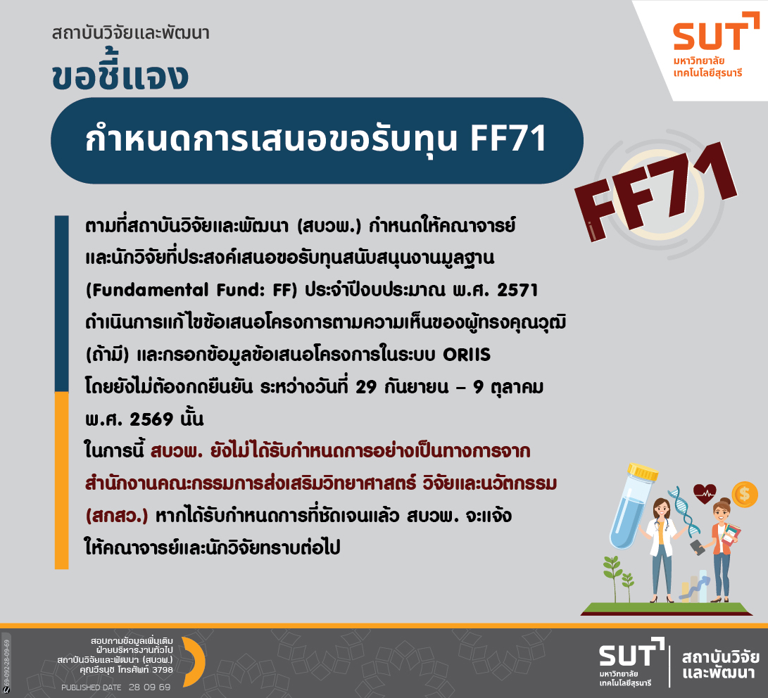 สถาบันวิจัยและพัฒนา ขอชี้แจงกำหนดการเสนอขอรับทุน FF71