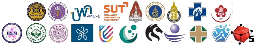 Crests of the organizing and partner institutions: Suranaree University of Technology (SUT), Mahidol University (MU), Prince of Songkla University (PSU), Khon Kaen University (KKU), Hirosaki University (Japan), and the Office of the Permanent Secretary, Ministry of Higher Education, Science, Research and Innovation (OPS, MHESI).