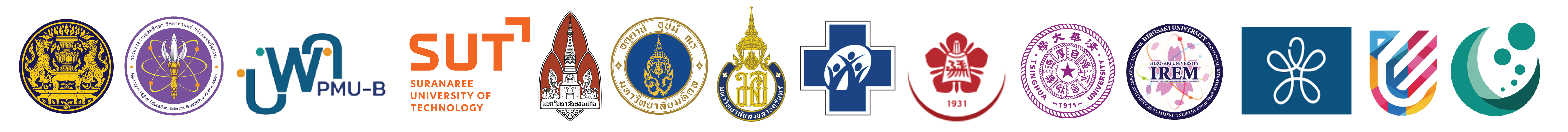 Crests of the organizing and partner institutions: Suranaree University of Technology (SUT), Mahidol University (MU), Prince of Songkla University (PSU), Khon Kaen University (KKU), Hirosaki University (Japan), and the Office of the Permanent Secretary, Ministry of Higher Education, Science, Research and Innovation (OPS, MHESI).